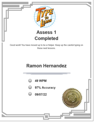 Type to Learn Assessment Completion Certificate