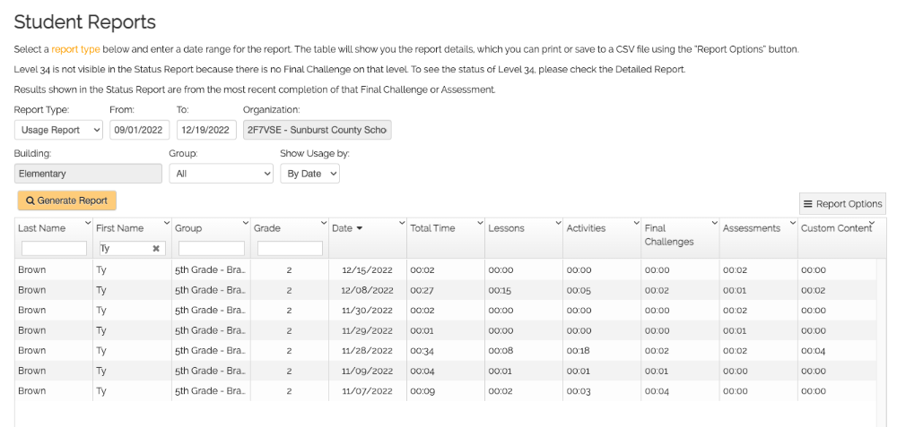 Full Usage Report in Type to Learn