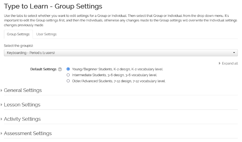 Type to Learn Group Settings